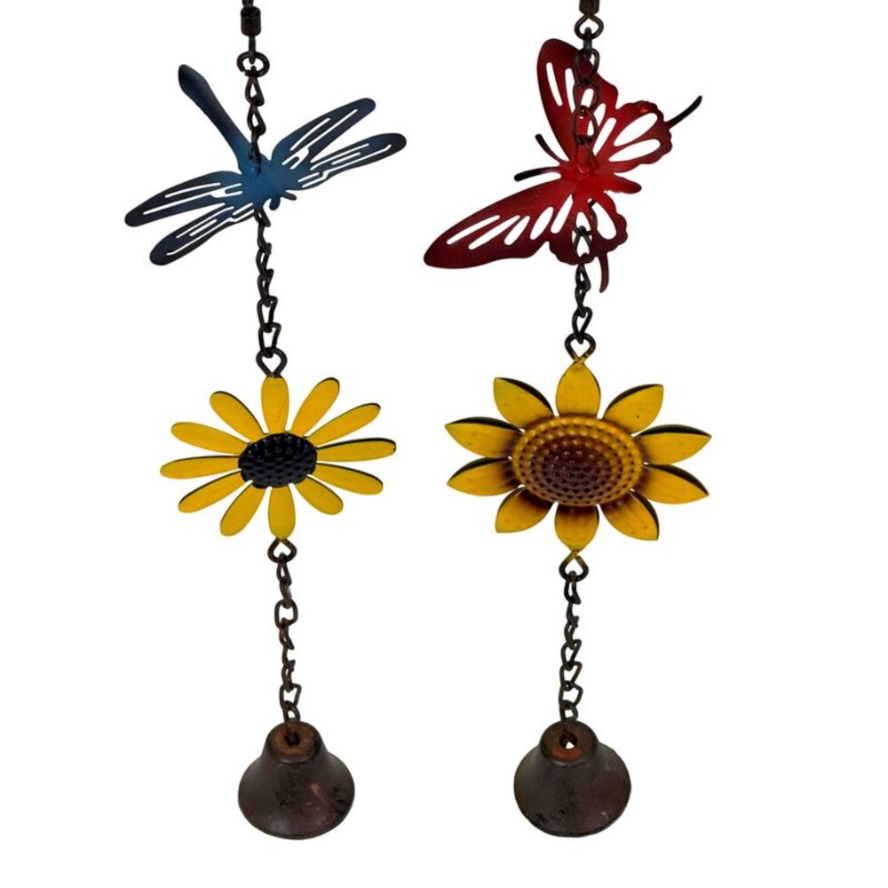 Metal Butterfly and Dragonfly Bell Wind Chimes Set of 2 Sunflower Bells 43 Inch